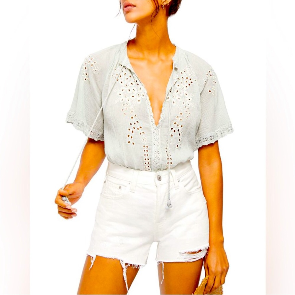 Free People Dahlia Embroidered Blouse Pale Blue Size XS